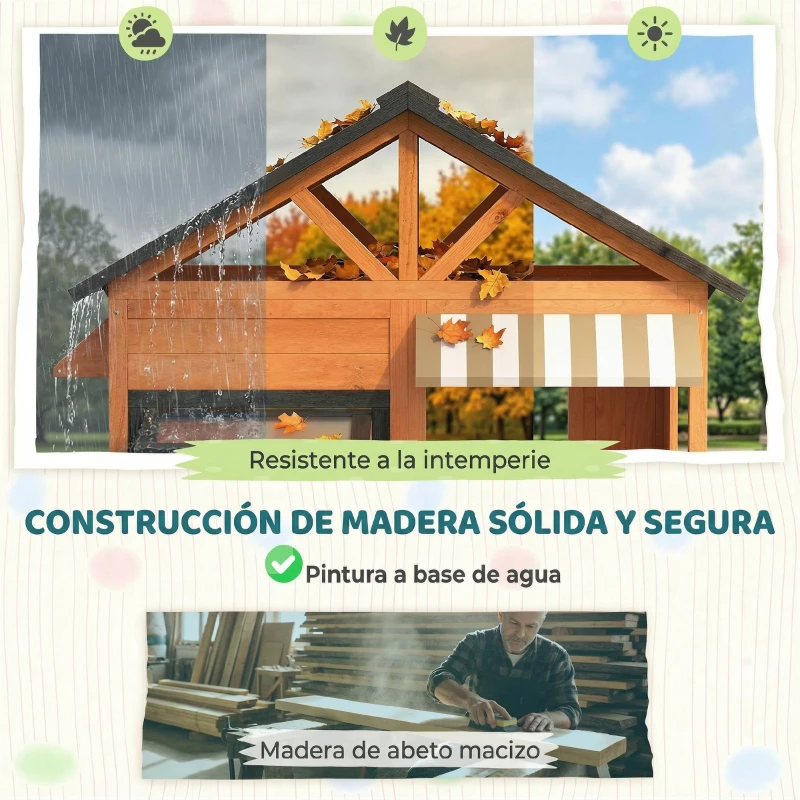 AIYAPLAY Casita Infantil Exterior e Interior de Madera con Cocina de Juguete y Banco de Picnic Ventanas de Servicio Marrón