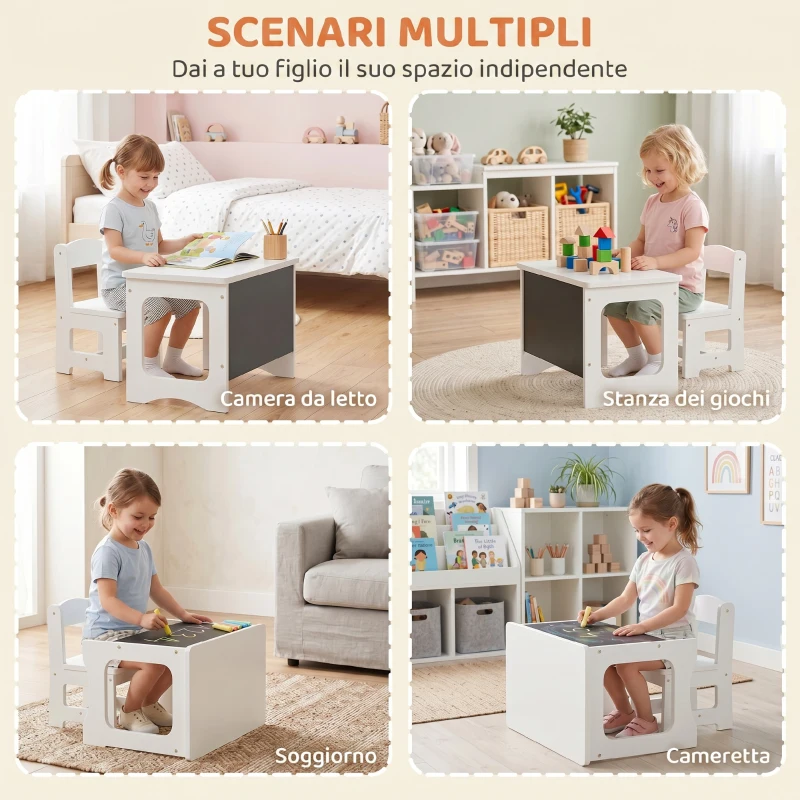 AIYAPLAY Set Tavolo e Sedia per Bambini 3-6 Anni in Legno con Piano Reversibile, Angoli Arrotondati, Bianco