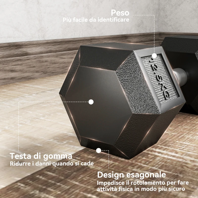 HOMCOM Set di Manubri Palestra da 2x12.5 kg Esagonale, Pesi per Palestra con Impugnatura Zigrinata Antiscivolo, Nero