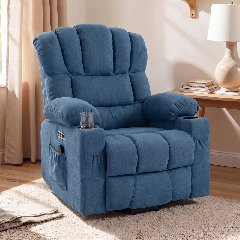 HOMCOM Sillón Relax Reclinable Eléctrico Levanta Personas Masaje Vibratorio y Calor Asiento Ancho USB-C USB-A Bolsillos Azul