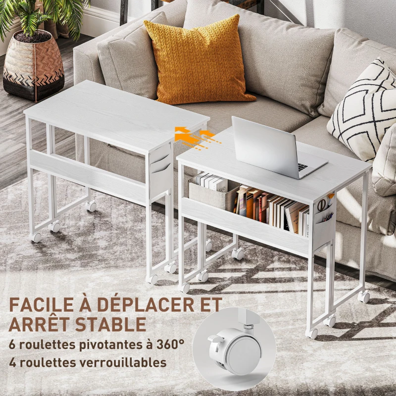 HOMCOM Bureau pliable sur roulettes 80 x 50 cm avec étagère et sac de rangement, blanc