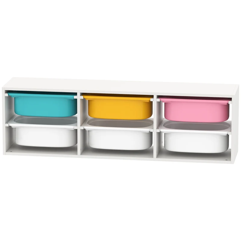 AIYAPLAY Raft pentru Jucării din Lemn cu 6 Recipiente Detașabile din Plastic, Multicolor
