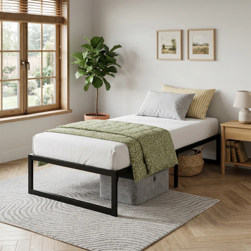 HOMCOM 3ft Single Bed Frame with Underbed Storage and Steel Slat Support, 32.5 cm Height, Noise-Free, Black