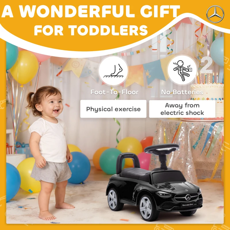 AIYAPLAY Official Mercedes-Benz Ride On Car, Foot to Floor Sliding Walker with Horn, Engine Sounds and Under-Seat Storage, Black