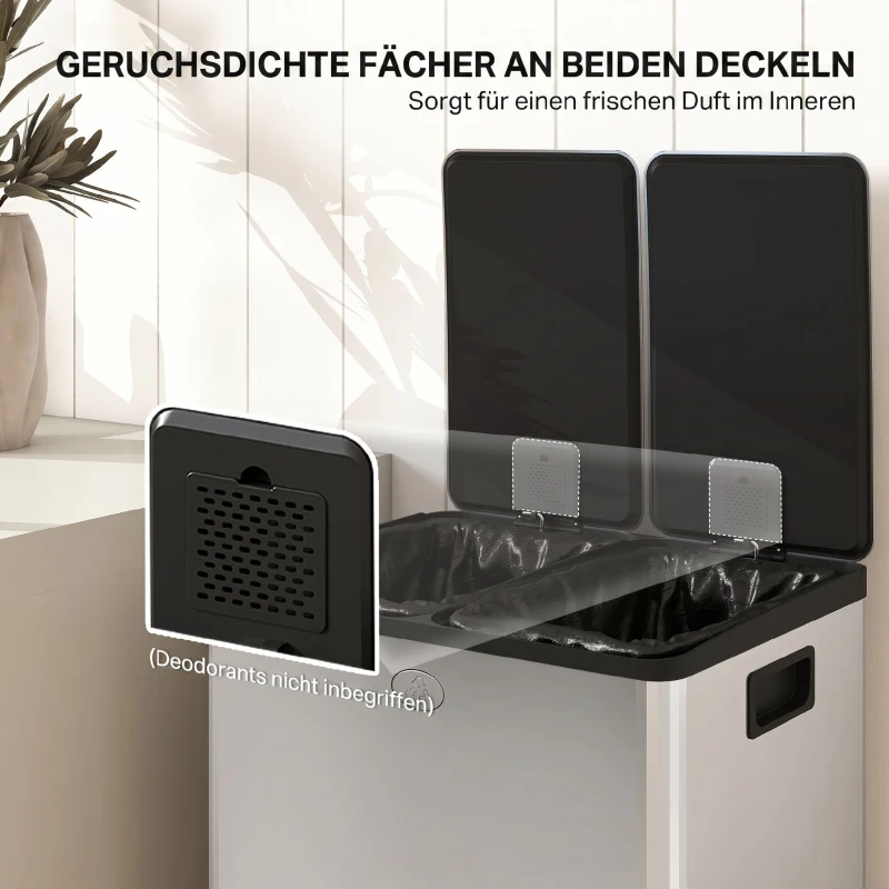 HOMCOM 2 x 28 L Doppelmülleimer, Pedalöffnung, leicht zu reinigen, Edelstahl, Kunststoff, Silber