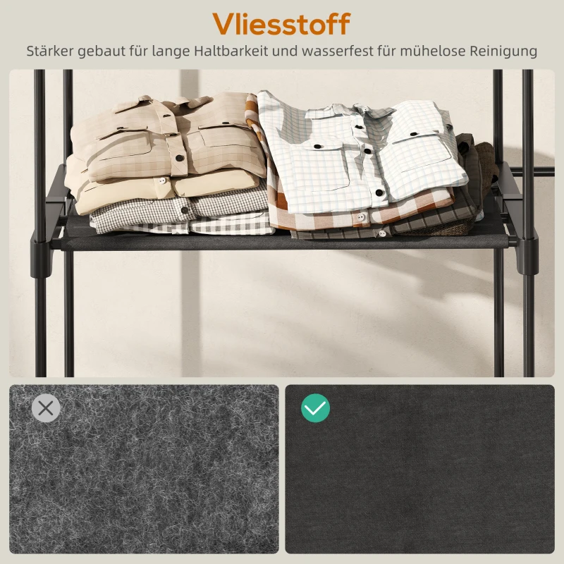 HOMCOM Draagbaar kledingrek, metalen frame, stofplanken, veel ruimte, Zwart