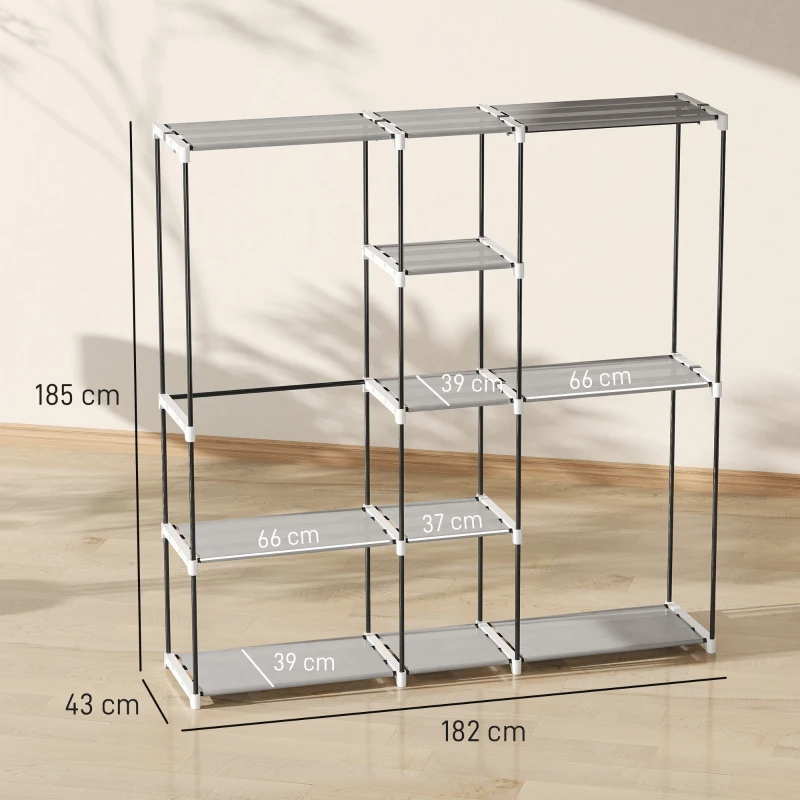HOMCOM Portable Wardrobe, Open Clothes Wardrobe with 8 Shelves, 3 Hanging Rails, Light Grey