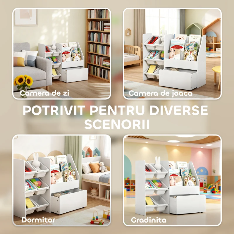 AIYAPLAY Raft pentru Jucării cu 6 Coșuri, 3 Rafturi și Cutie Inferioară, din Lemn, Plastic și Oțel, 100x30x80 cm, Alb