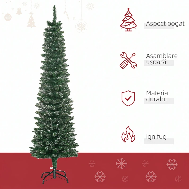 HOMCOM Brad de Crăciun Slim Nins cu 443 de Ramuri, Bază Detașabilă și Pliabilă, Ø48x165 cm, Verde