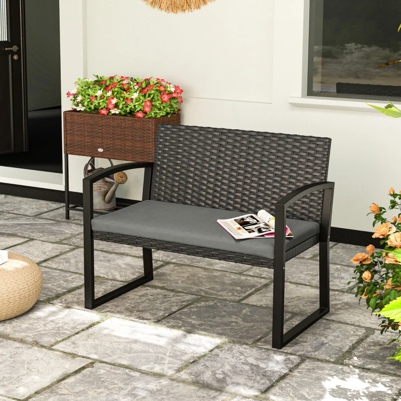 Outsunny Banc de jardin 2 places, banc d'extérieur en résine tressée PE avec coussin, acier galvanisé, 103x58x78cm, gris et noir