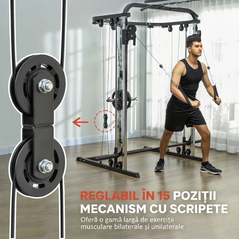 SPORTNOW Stație multifuncțională fitness 3 în 1 cu sistem reglabil de cabluri încrucișate, suport reglabil pentru genuflexiuni, bară pentru halteră, bară de tracțiuni