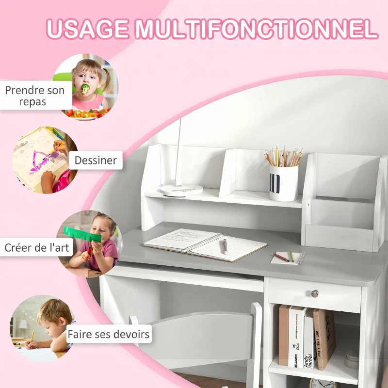 ZONEKIZ Bureau enfant avec chaise ergonomique avec clavier coulissant tiroir niches et étagères ouvertes 90 x 45 x 90 cm gris