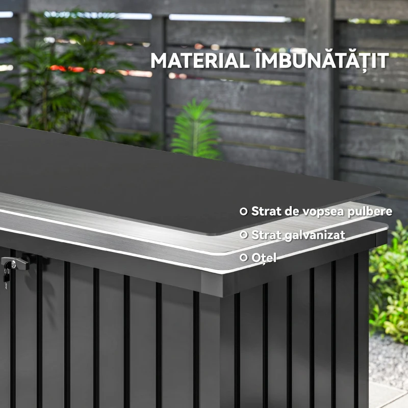 Outsunny Ladă de Depozitare Exterior 400L din Oțel Zincat, cu Încuietoare și 2 Chei, 124 x 66 x 72 cm, Negru