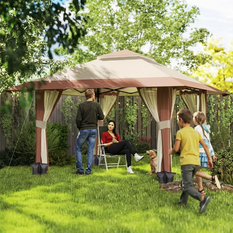 Outsunny Tonnelle pliante barnum parois en filet et protection UV50+ hauteur réglable et double toit sacs de lestage 4x4m beige