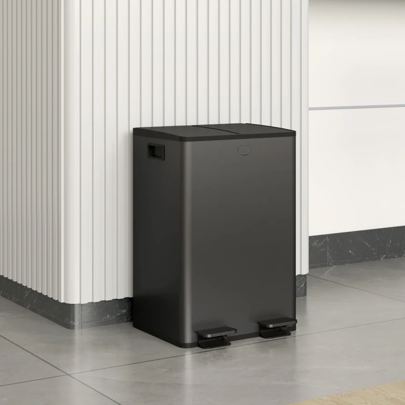 HOMCOM 2 x 28 L Doppelmülleimer, Pedalöffnung, leicht zu reinigen, Edelstahl, Kunststoff, Schwarz
