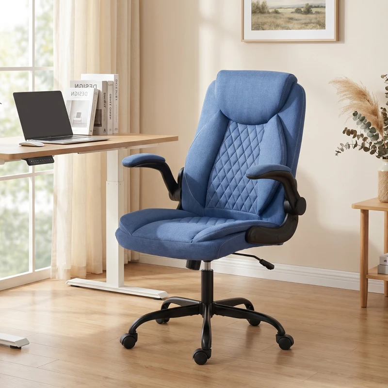 HOMCOM Linen-Look Computer Desk Chair, Executive Office Chair with Flip-Up Armrests and Thick Cushion, Blue