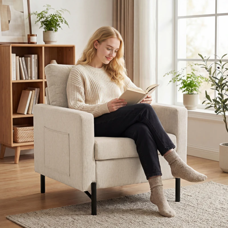 HOMCOM Fauteuil de salon, canapé 1 place rembourré avec accoudoirs, assise large et pieds en acier, 73 x 77 x 87 cm, beige