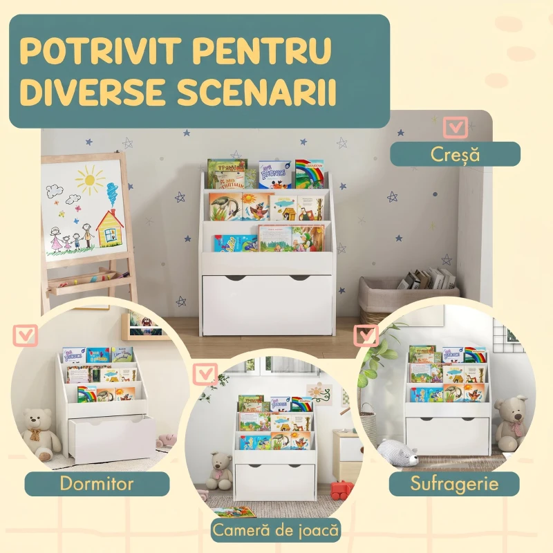 AIYAPLAY Bibliotecă pentru copii cu vârsta între 3-8 ani, cu 3 rafturi și sertar inferior, din MDF, 62,5x30x70 cm, alb
