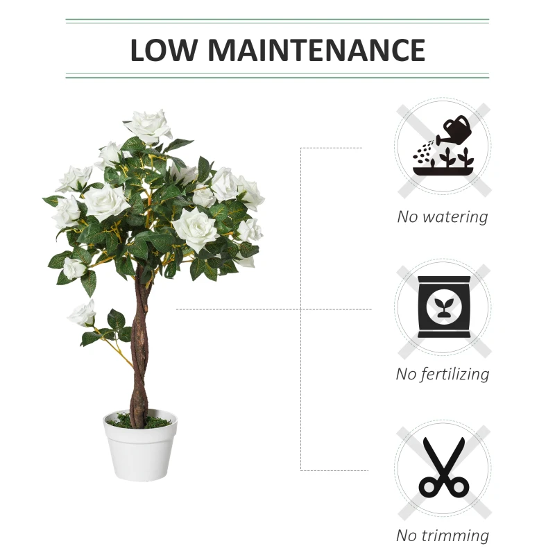 Outsunny Artificial Plants White Rose Floral in Pot, Fake Plants for Home Indoor Decor, 90cm