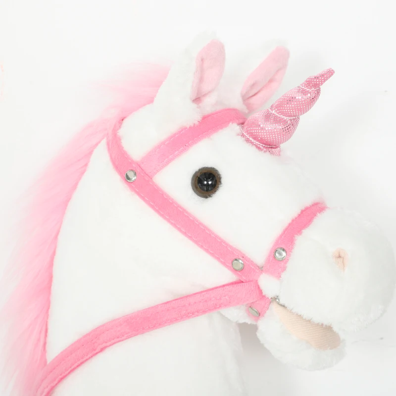 AIYAPLAY Unicorn Stick Horse with Wood Wheels, Real Pony Neighing and Galloping Sounds, Grip Handle, 95 cm, White
