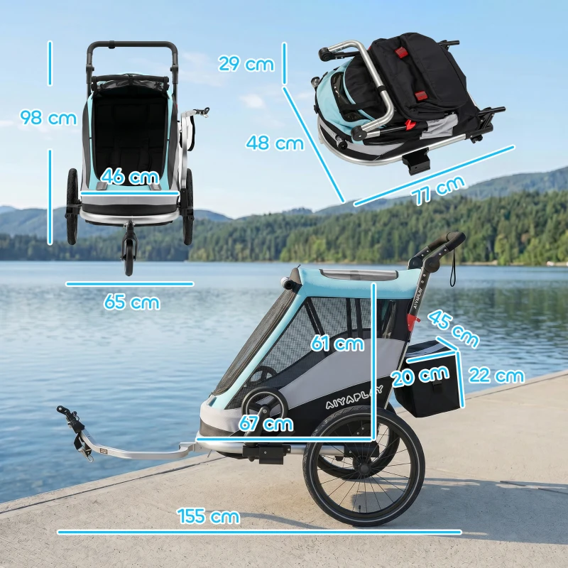 AIYAPLAY 2 in 1 Fahrradanhänger & Buggy Faltbar Kinderfahrradanhänger mit 5-Punkt Gurt Reflektoren 16-Zoll-Luftreifen Bremse