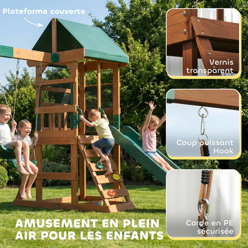AIYAPLAY Aire de Jeux portique en Bois avec 2 balançoires et Toboggan, Mur d'Escalade et Terrasse Couverte, pour 3 à 8 Ans