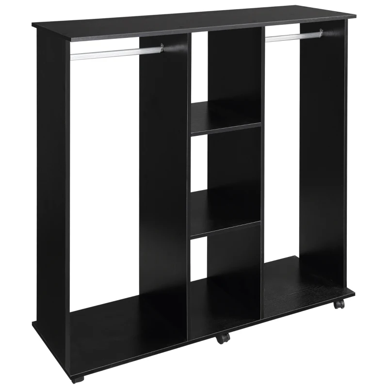 HOMCOM Armario Abierto con Ruedas 2 Barras y Estantes para tener Ropa Colgada y Doblada en el Dormitorio 120x40x128 cm Negro