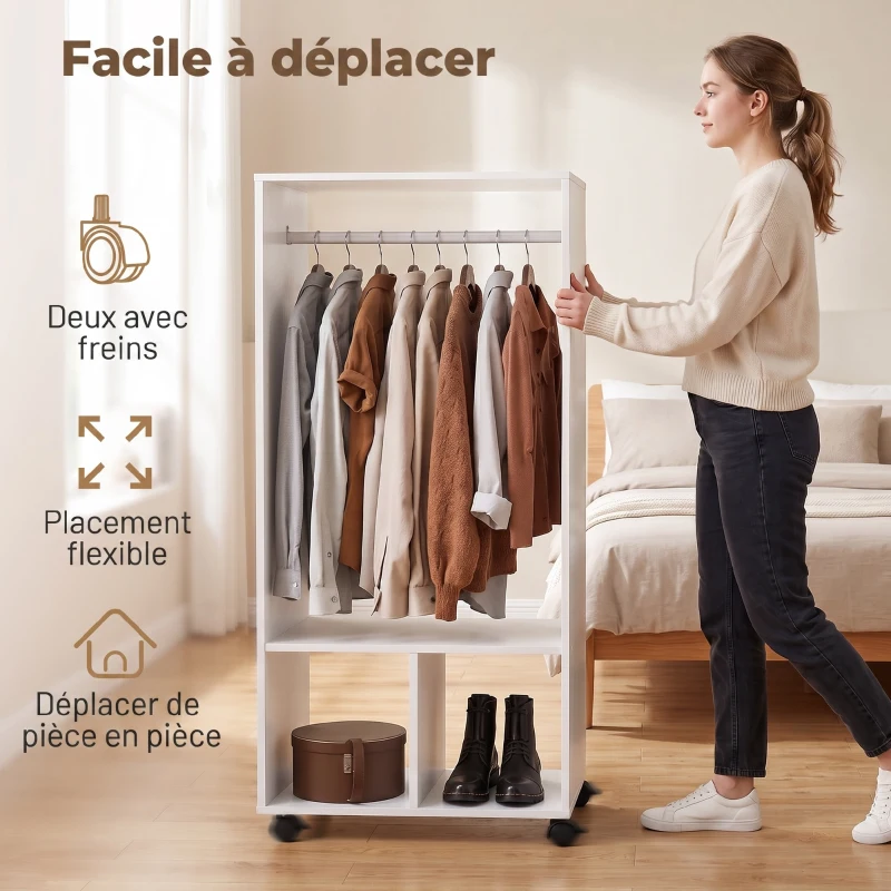 HOMCOM Armoire penderie étagère 2 niches 4 roulettes pivotantes dim. 60L x 40l x 128H cm Blanc
