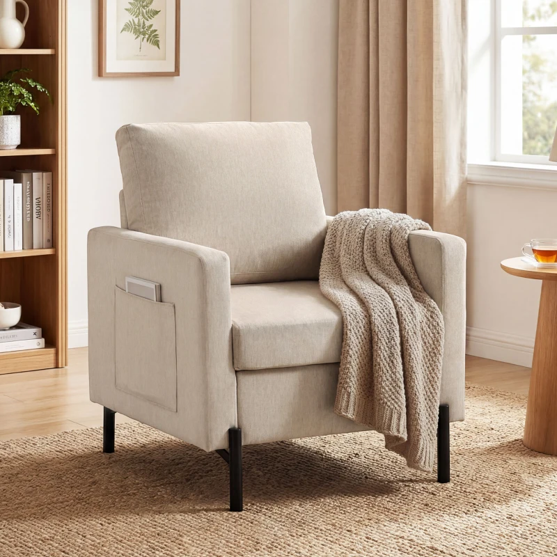 HOMCOM Fauteuil de salon, canapé 1 place rembourré avec accoudoirs, assise large et pieds en acier, 73 x 77 x 87 cm, beige