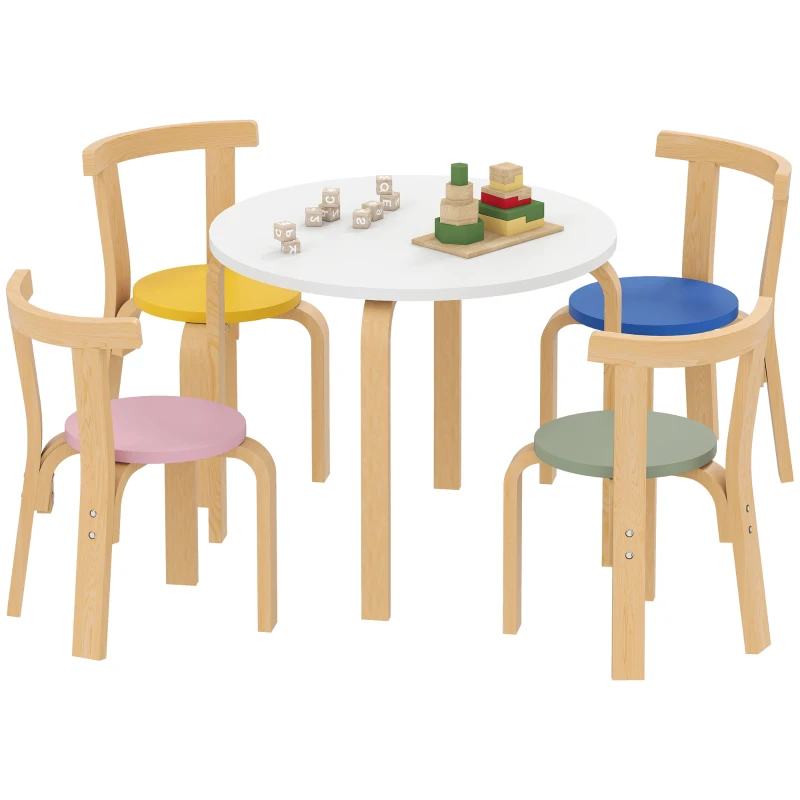 AIYAPLAY Set masă și scaune pentru copii 3-8 ani, 5 piese, cu margini rotunjite, din lemn multicolor