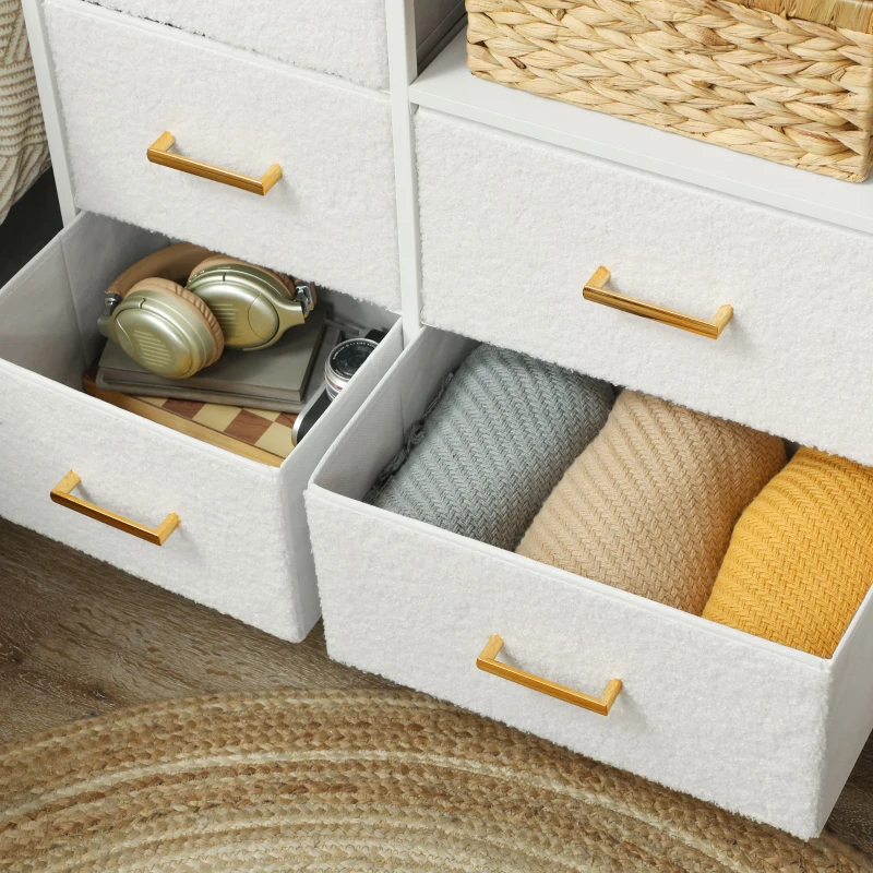 HOMCOM Commode 8 tiroirs en tissu bouclette, meuble de rangement avec 2 prises de courant, structure en acier 110x30x76cm crème