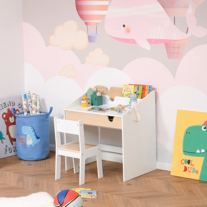 HOMCOM Set Scrivania e Sedia per Bambini con Cassetto e Scaffale, Bordi Arrotondati, Età 6-10 Anni, Bianco e Legno