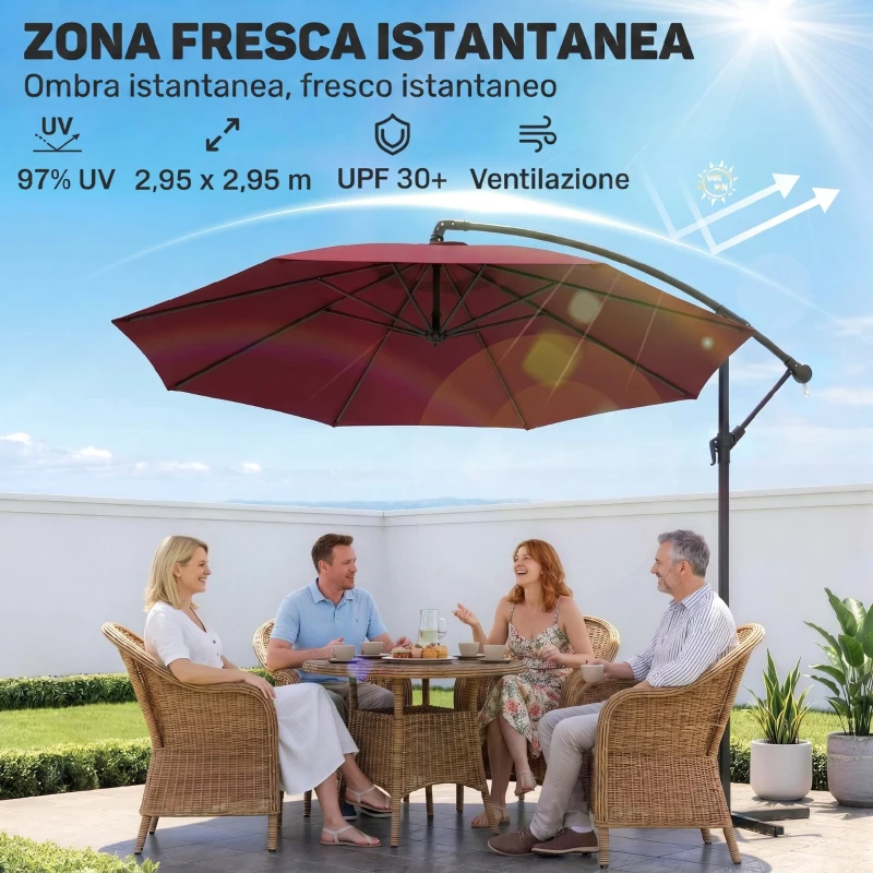 Outsunny Ombrellone da Giardino 3x2.5 m a Braccio Inclinabile con Manovella, Rosso Scuro