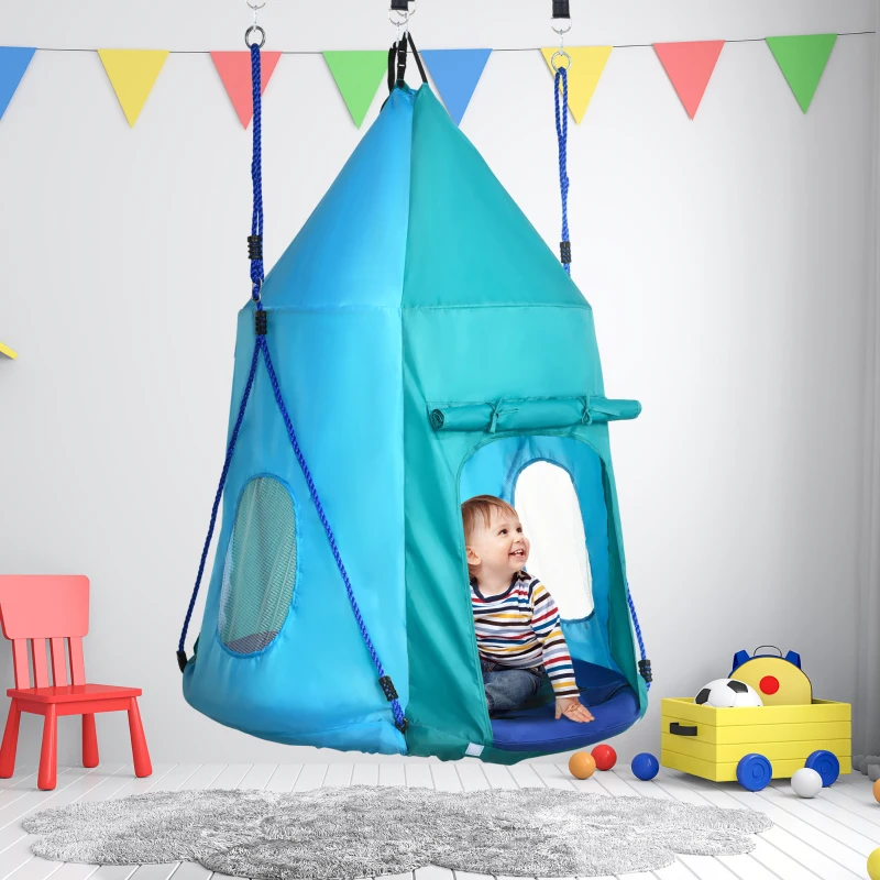 Outsunny Altalena da Giardino con Tenda per Bambini da 3-8 Anni, Ø100cm e Corde Regolabili, Blu