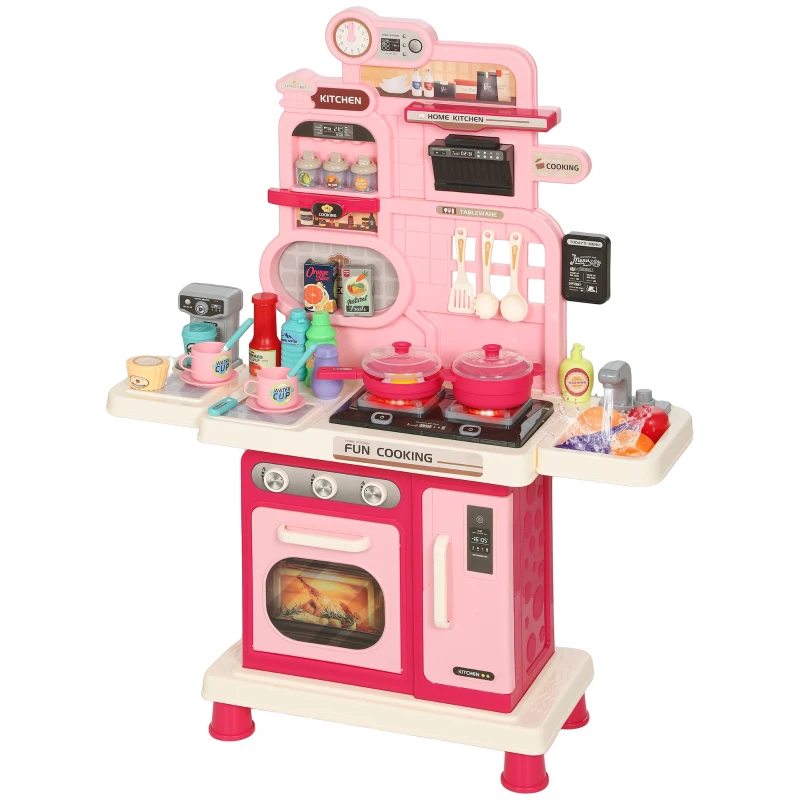 AIYAPLAY Cuisine pour Enfants Interactive, 33 Accessoires, avec Sons, Lumières, Rangement, 3-6 Ans, 67x25x87cm, Rose