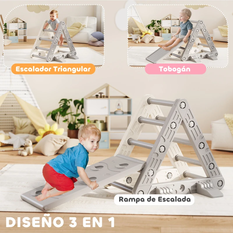 AIYAPLAY Triángulo de Escalada para Niños de 18-48 Meses con Tobogán y Rampa Escalador 130x80x69 cm Gris y Blanco