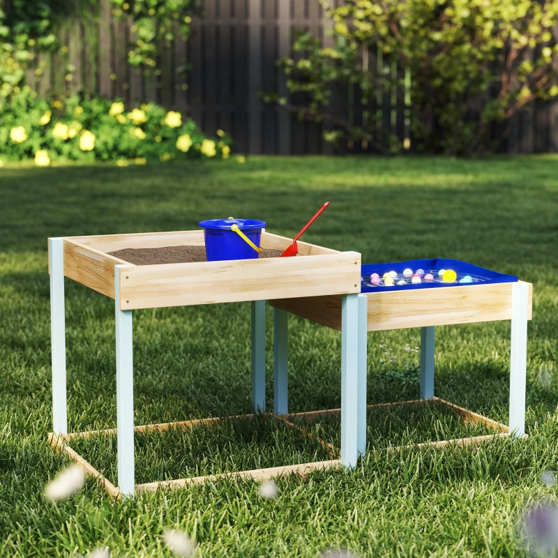 AIYAPLAY 2 PCS Wooden Outdoor Sand and Water Play Tables with Bottom Liner for Kids Aged 3-8 Years Old, Natural Wood Finish