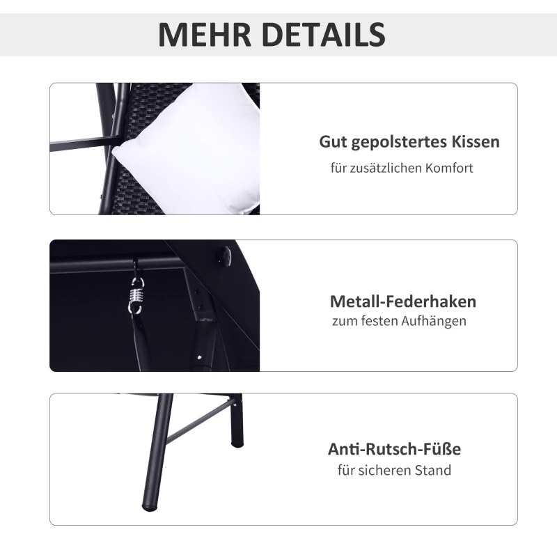 Outsunny 3-Sitzer Hollywoodschaukel Schaukel Polyrattan Metall mit Kissen belastbar bis 360kg Neu (Schwarz)
