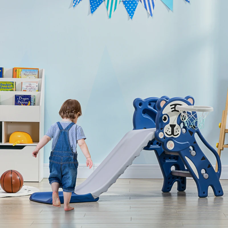 AIYAPLAY Tobogán para Niños de 18 a 36 Meses con 2 Escaleras 1 Canasta de Baloncesto y Patrón de Tigre 133x60x70 cm Azul y Gris