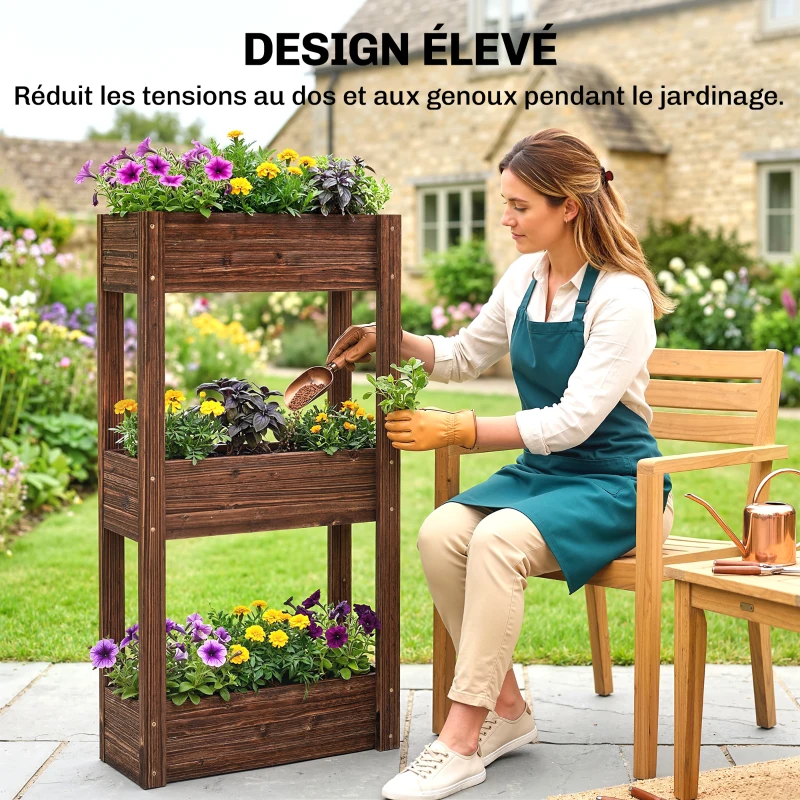 Outsunny Bac à Plantes Surélevé Jardinière sur Pieds 3 Niveaux Trous de Drainage et Doublure 60 x 25 x 120 cm, Marron