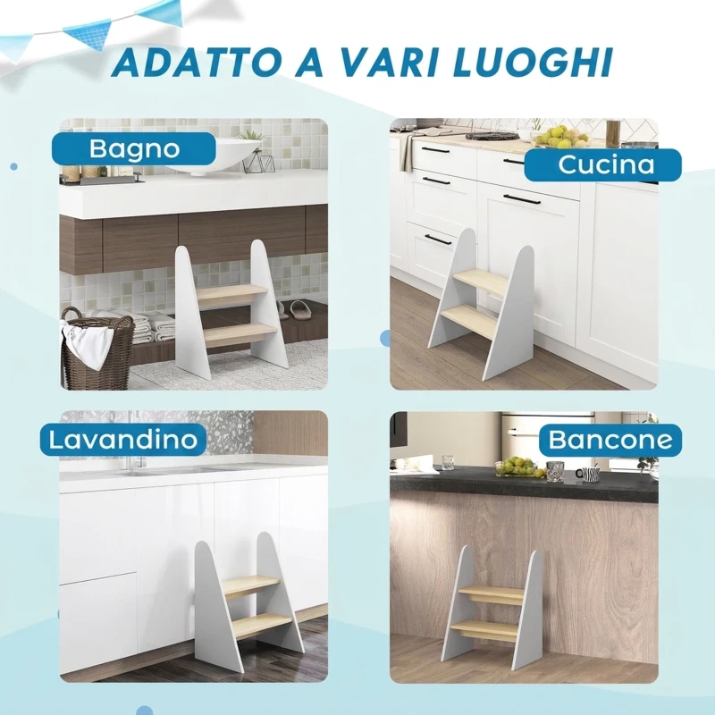 AIYAPLAY Sgabello Montessori per Bambini a 2 Gradini, Scaletta per Bambini 3-8 Anni con Bordi Arrotondati, Bianco