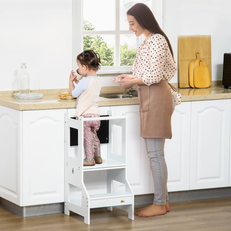 HOMCOM Toddler Learning Tower, 2 in 1 Toddler Step Stool for Kids with Chalkboard and Security Rail, Foldable Step Stool for Kitchen Bathroom, Ages 3-6 Years, White