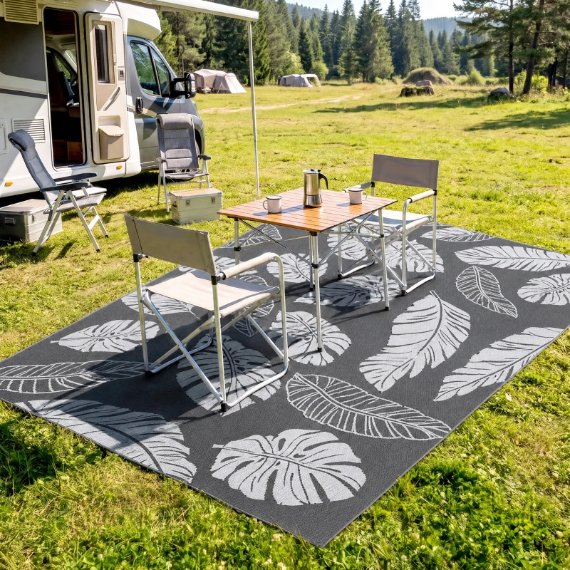 Outsunny Plastic Straw Reversible RV Outdoor Rug with Carry Bag, 182 x 274cm, Grey and White