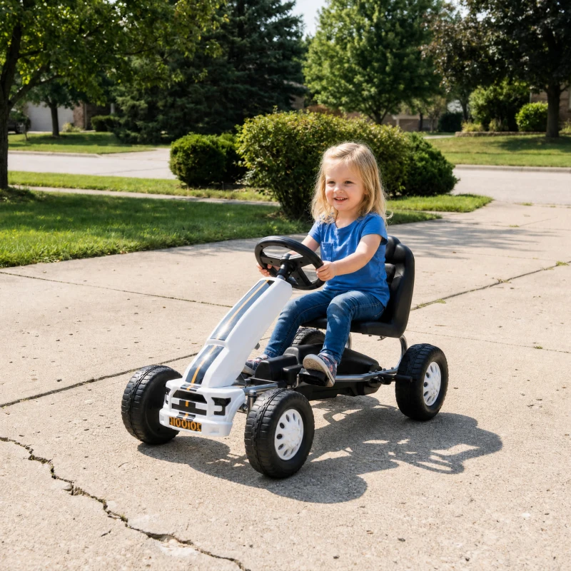 AIYAPLAY Kart a Pedais para Crianças +3 Anos com Assento Ajustável, Volante, Travão de Mão, Estrutura em Alumínio e Aço, 30 kg, Branco