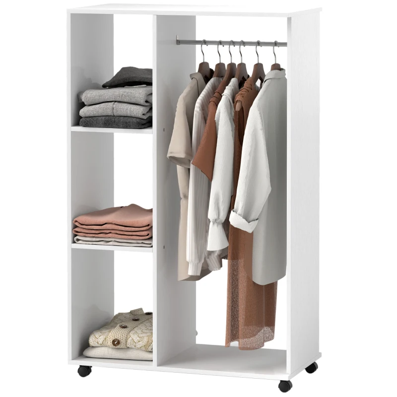 HOMCOM Open Wardrobe on Wheels, Bedroom Wardrobe with Clothes Hanging Rail, 3 Storage Shelves, Mobile Garment Rack for Cloakroom, Hallway, White