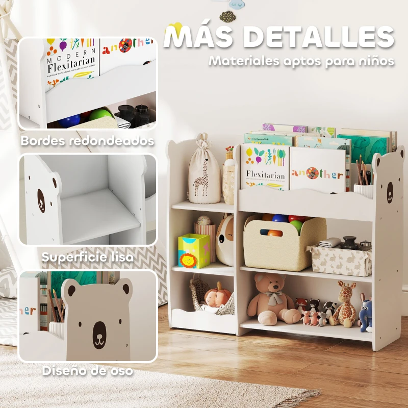 AIYAPLAY Estantería Infantil para Juguetes Estantes Abiertos Compartimentos Diseño de Ositos Organizador de Juguetes Blanco
