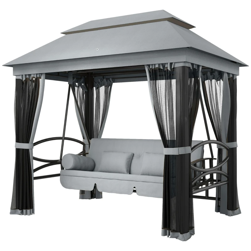Outsunny 3 Seater Swing Chair 3-in-1 Convertible Garden Swing Seat Bed Gazebo Patio Bench Outdoor with Double Tier Canopy, Cushioned Seat, Mesh Sidewalls, Grey