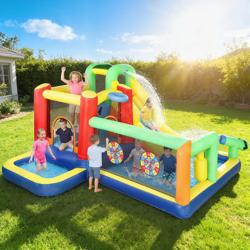 AIYAPLAY Castillo Hinchable Acuático con Soplador 550W 9 en 1 con Tobogán Trampolín Escalada 2 Piscinas Canasta Columna de Boxeo