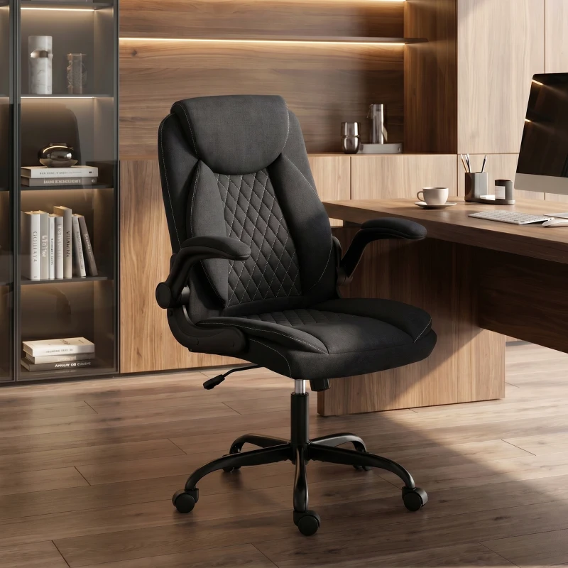 HOMCOM Linen-Look Computer Desk Chair, Executive Office Chair with Flip-Up Armrests and Thick Cushion, Black