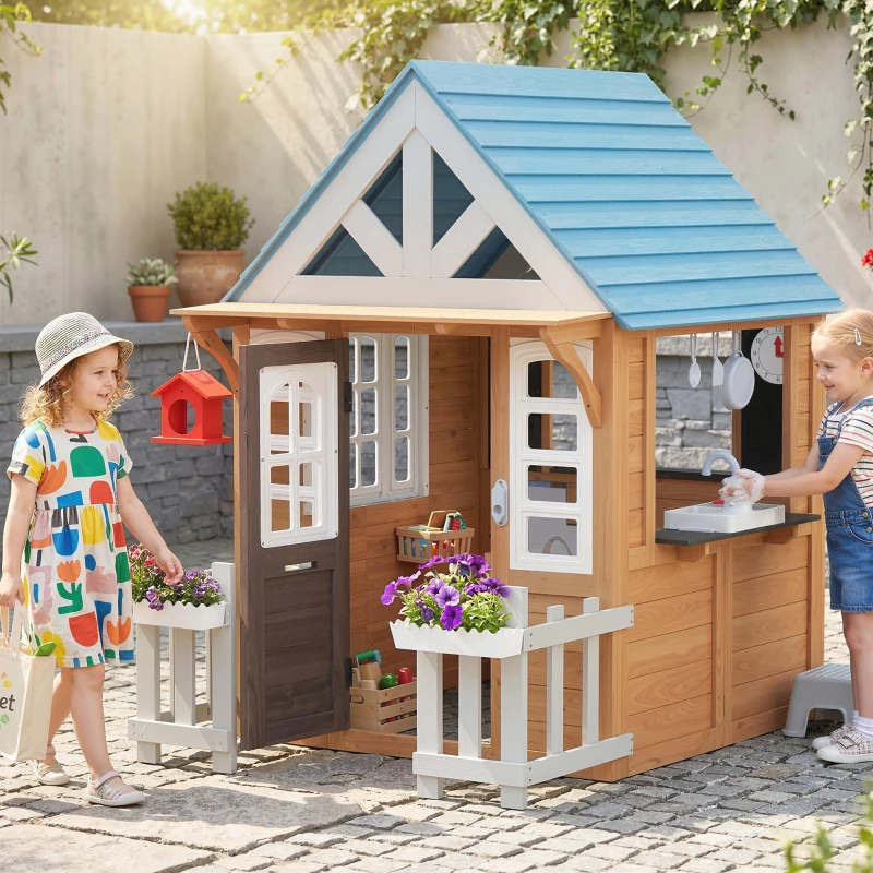AIYAPLAY Cabane enfant extérieur en bois, maison enfant extérieure/intérieure avec chatière, cuisine de jeu, marron